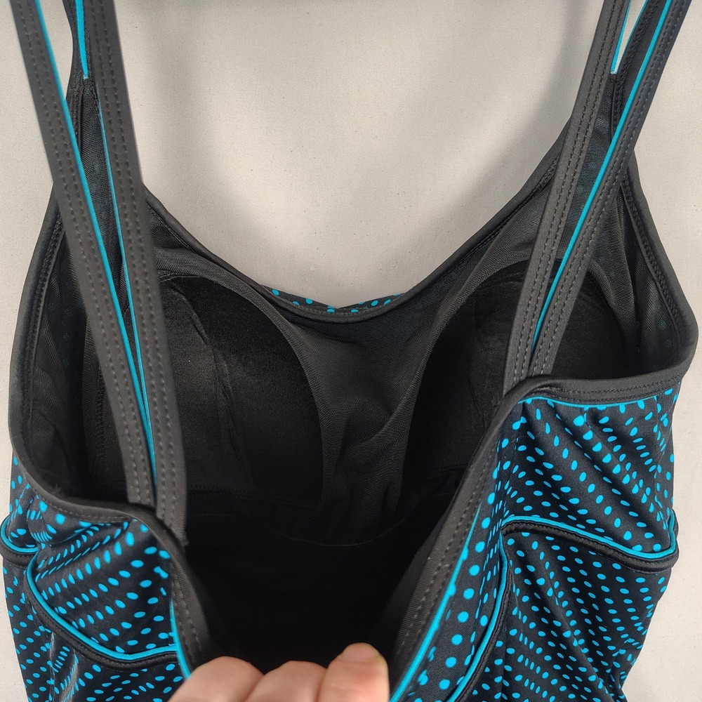 Longitude Swimdress Women 14 Black Blue Polka Dot Tummy Control Nylon Spandex - Picture 6 of 9